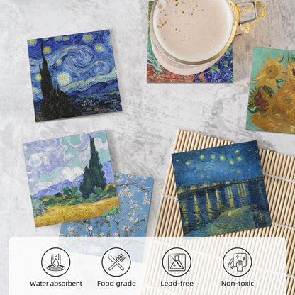 GERLNF Absorbent Ceramic Coasters for Drinks with Cork Base Art Coasters Set of 6 - Use 6 Famous Paintings, Unique Housewarming Gifts for Home Decorative (Square - Van Gogh - 1)