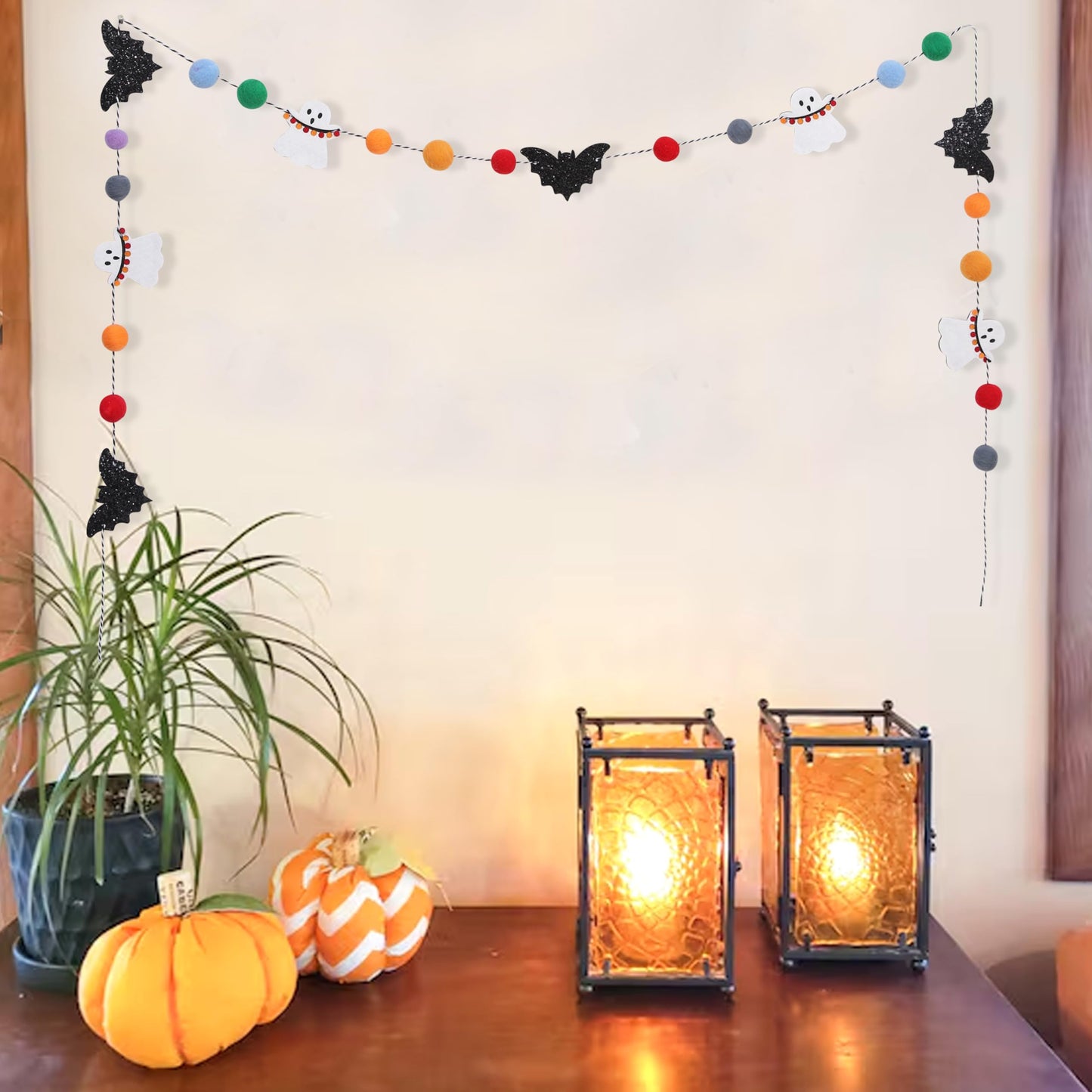 Felt Bat Ghost Garland - Spooky Halloween Party Decorations,Spooky Banner with Colorful Felt Balls,Halloween Wall Mantel Hanging Garland,Black Bat White Ghost Photo Backdrop