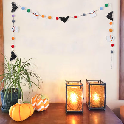 Felt Bat Ghost Garland - Spooky Halloween Party Decorations,Spooky Banner with Colorful Felt Balls,Halloween Wall Mantel Hanging Garland,Black Bat White Ghost Photo Backdrop