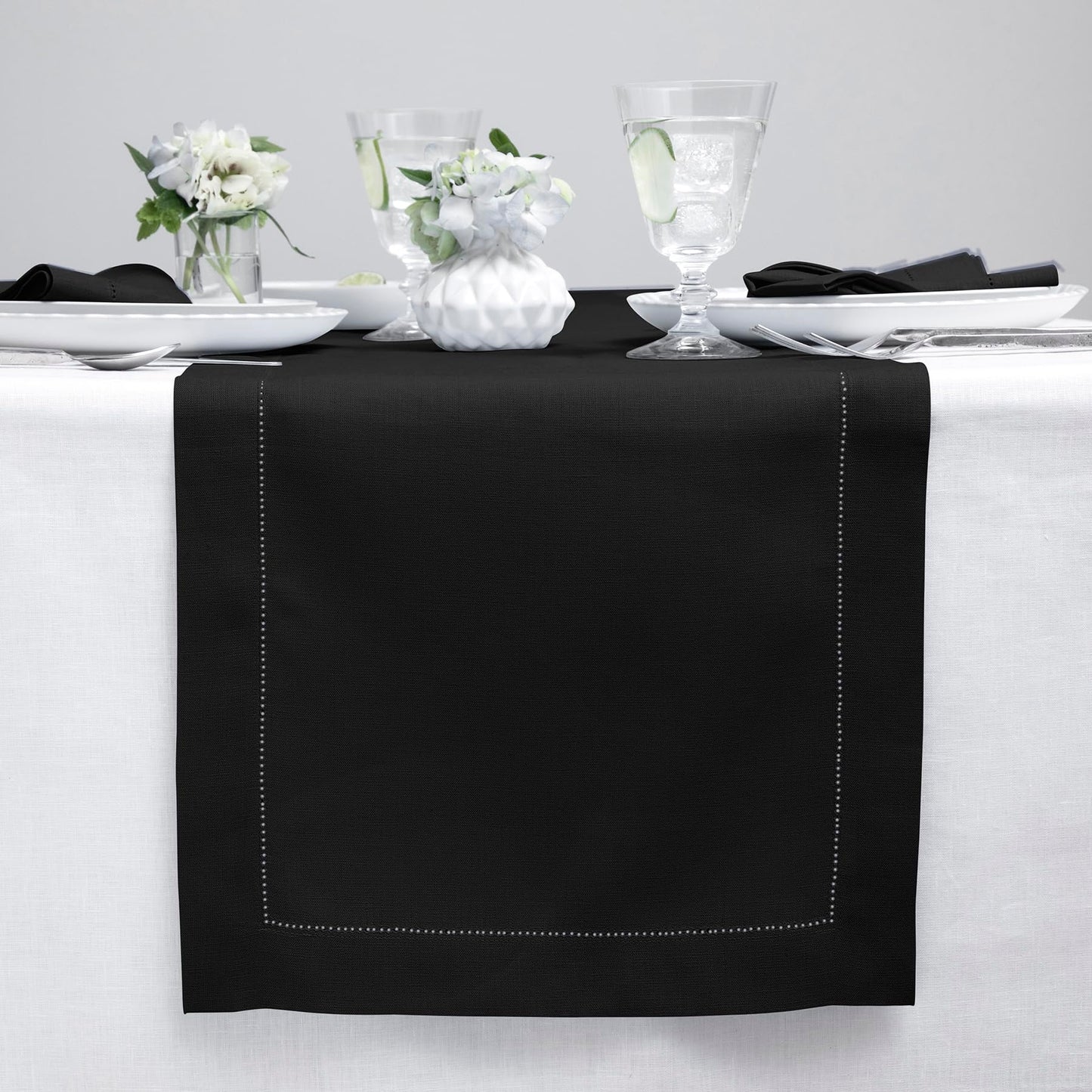 Solino Home Linen Hemstitch Table Runner 108 Inches Long - 100% Pure Linen Black Table Runner 16 x 108 Inch for Fall, Autumn, Halloween, Thanksgiving, Holiday - Classic Hemstitch