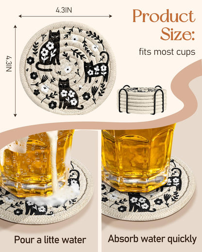 Kokaaee Cup Coasters for Drinks Absorbent - for Coffee Wooden Table Office Home Farmhouse Outdoor Rustic Desk Cup Mat Soft Woven Cloth Braided Fabric Cute Flower Cat Coaster Set of 6 with Holder