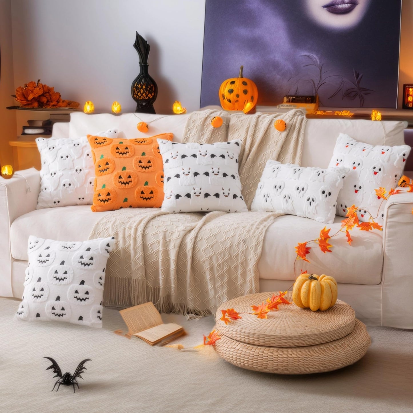AQOTHES Halloween White Ghost Throw Pillow Covers 18x18 inch Set of 2, Cute Skeleton Pillowcases Holiday Cushions Covers for Halloween Decorations Indoor Home Sofa Couch