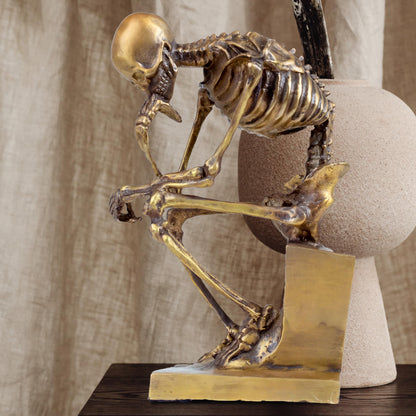 R REALONG Bronze Skeleton Thinker Statues Sculptures Home Decor-8.3" Bronze Abstract Rodin Thinking Halloween Skull Art Decorations (Gold)