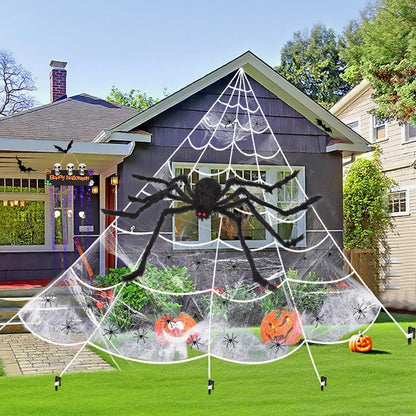 Newar Halloween Giant Spider Webs Decorations Outdoor, 276" Triangle Giant Spider Web + 59" Scary Big Spider + 20Pcs Small Spiders + 40g Stretch Cobwebs for Yard Porch Garden Haunted House Decor
