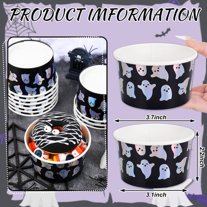 JarThenaAMCS 50Pcs Halloween Snack Cups Iridescent Ghost Candy Paper Treat Cups 8oz Cute Spooky Boo Disposable Dessert Soup Bowl for Hot or Cold Foods Halloween Fall Party Supplies