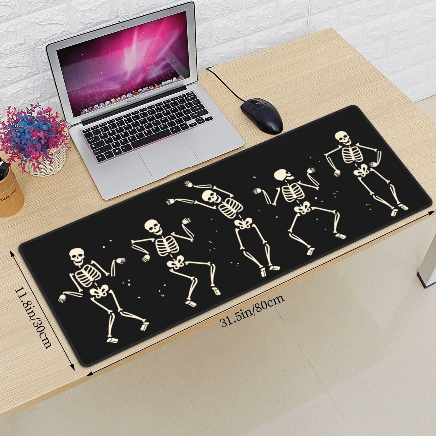 Dancing Skeleton Large Gaming Mouse Pad, Black Halloween Themed Extended Desk Mat with Non-Slip Base for Office & Home Decor 31.5 X 11.8 Inch