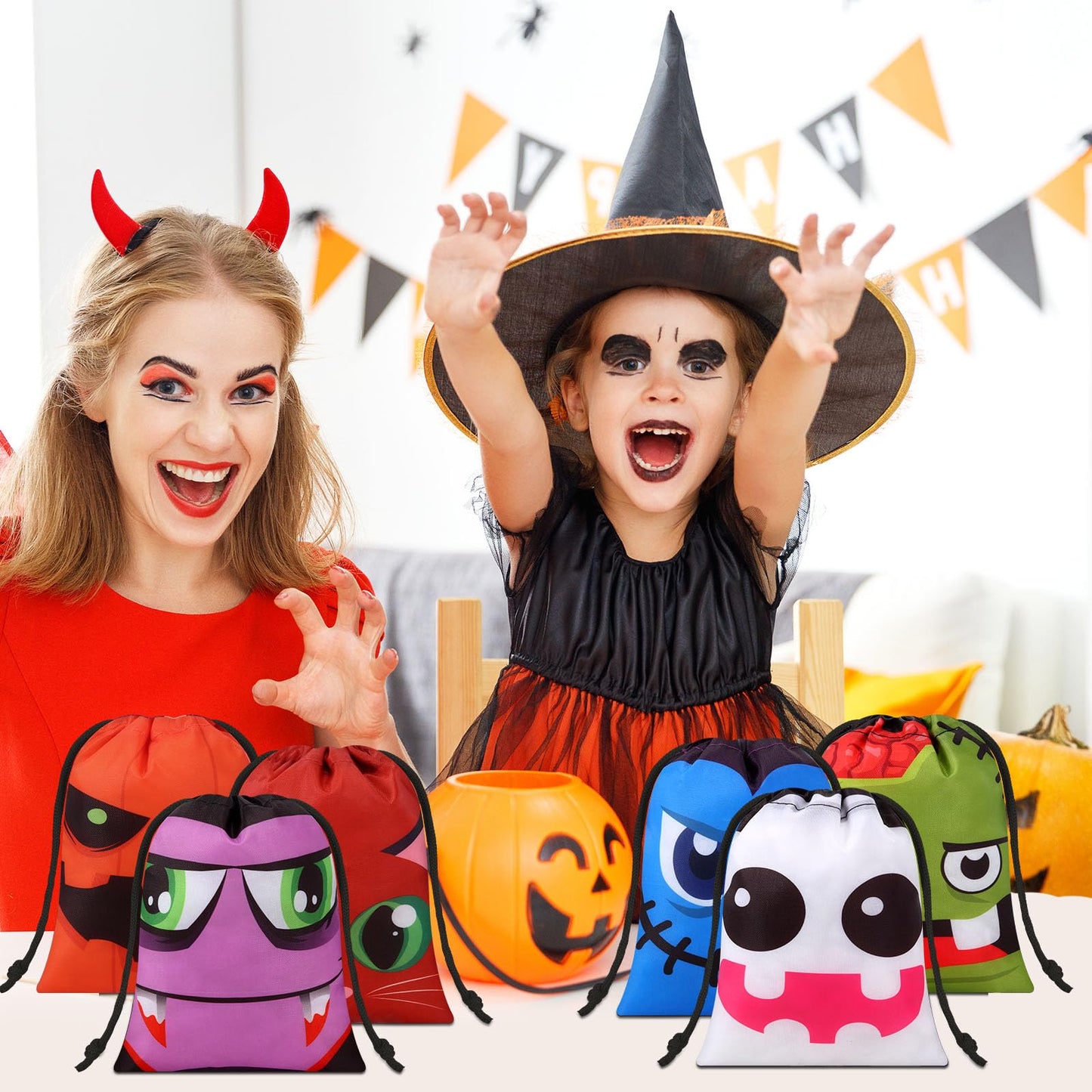 Paterr 24 Pcs Party Favor Drawstring Bags Bulk Halloween Spooky Themed Gift Pouches with Drawstring Tick or Treat Candy Goodies Treat Bags for Kids Adults Birthday Party Favor Supplies (Funny)