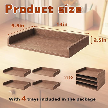 PROLEE Wooden Paper Tray Organizer for Desk,Stackable Paper Holder and Letter Tray,4-Tier Desktop File Storage Rack for Study,Home and Office(Walnut,14" x 9.5" x 2.5")