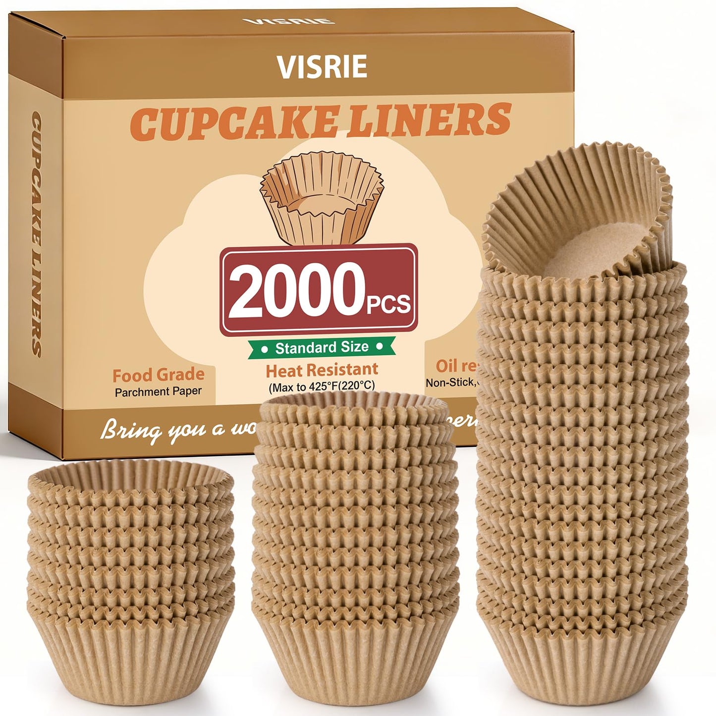 VISRIE 2000Pcs Standard Cupcake Liners, Greaseproof & Non-Stick Muffin Liners, Food Grade Cupcake Liners for Baking, Parchment Baking Cups for Cupcakes, Muffins, Nuts
