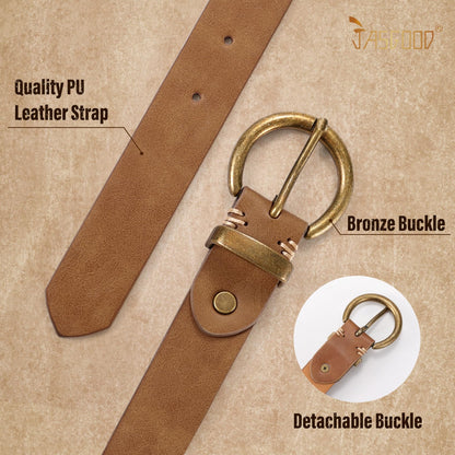 JASGOOD Women Leather Belt for Jeans Pants Vintage PU Leather Belt Solid Brass Circle Buckle for Ladies,Brown