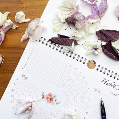Habit Tracker Calendar (Undated 12 Month) Floral Design, Spiral Bound and Hanger, A4 Size (8,3"x11.7") Quality Heavy Paper, Monthly Habit Tracker Journal and Goal Tracker.