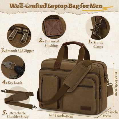 Mens Laptop Messenger Bag 15.6 Inch Canvas Briefcase Waterproof Vintage Computer Bag Shoulder Bag Satchel Bags for Work College Travel