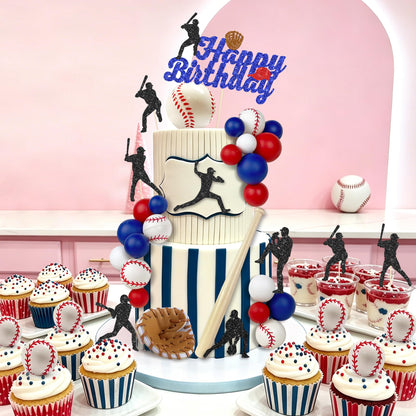35 PCS Red Blue Baseball Cake Topper Decorations Balls Cupcake toppers Gloves Bats for Boys Sports Baseball Softball Theme Birthday Party Decorations