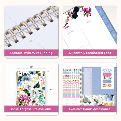Blue Sky Kelly Ventura 2026-2027 Weekly and Monthly Academic Year Student Planning Calendar, July 2026 - June 2027, 8.5" x 11", Flexible Cover, Wirebound, Laminated Tabs, Storage Pocket, Magnetic & Snap In Book Marks, Includes Stickers, Blooming