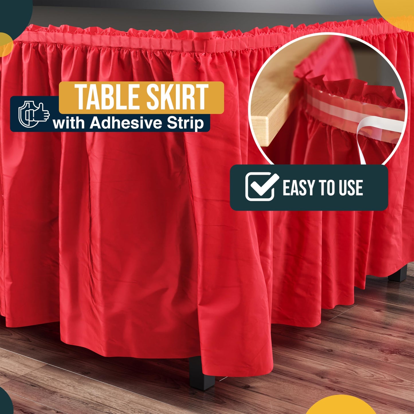 Exquisite Red Table Skirt 6 Pack - Disposable Plastic Table Skirts for Rectangle Tables 6ft 8ft & Round Tables - 29in x 14ft Self-Adhesive Strip - Birthday Wedding Gender Reveal Decor