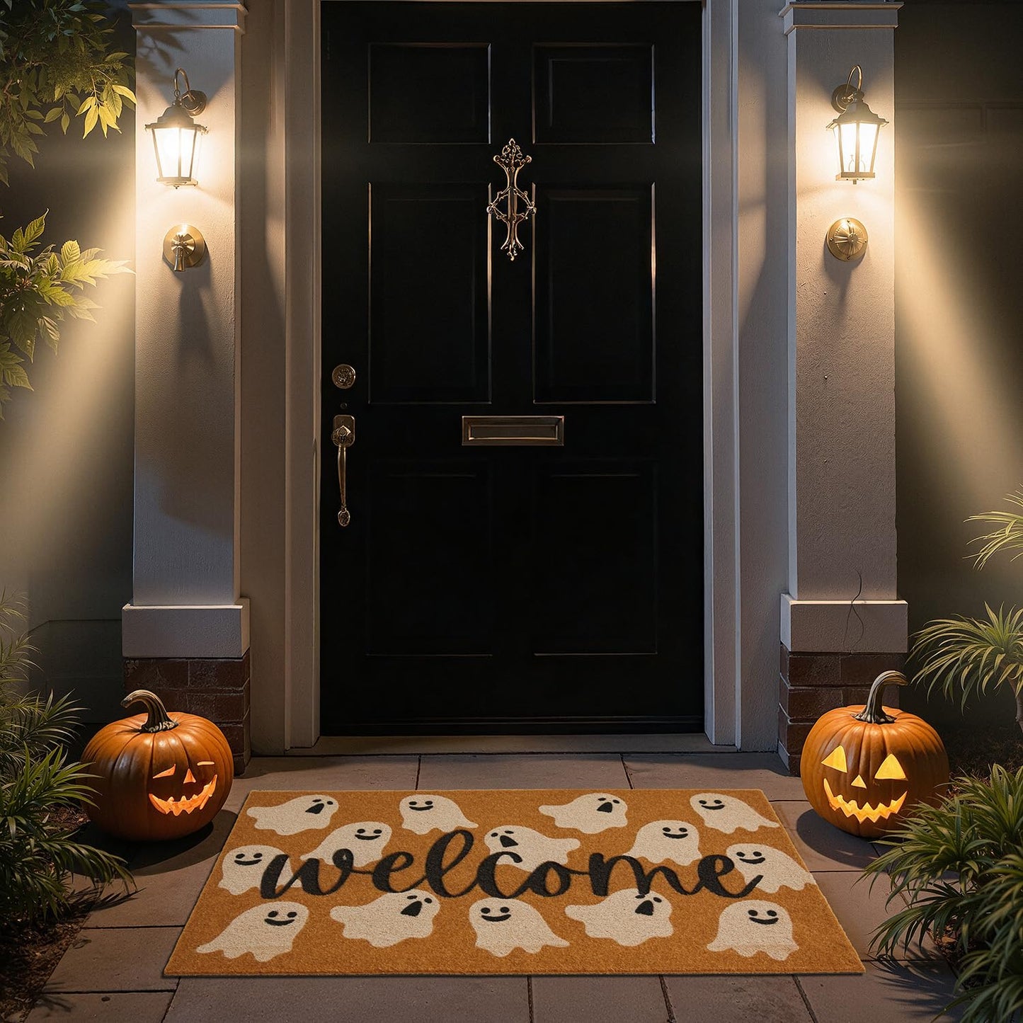TYUU Halloween Door Mat Spooky Ghost Welcome Mat for Front Door Outdoor Entrance Doormat Coir Dirt Trapper with Non Slip Backing, 17x30, Welcome Ghost