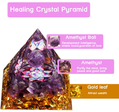 Orgone Pyramid, Amethyst Crystal Pyramid, Protection Crystals Energy Generator for Stress Reduce Meditation, Attract Wealth Lucky