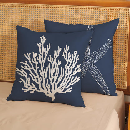Blue Starfish Pillow Covers 18x18 Inch Set of 2, Nautical Ocean Coastal Blue Coral Throw Pillows Spring Summer Decorations Linen Pillowcase Outdoor Decor Farmhouse Cushion Case for Home Holiday