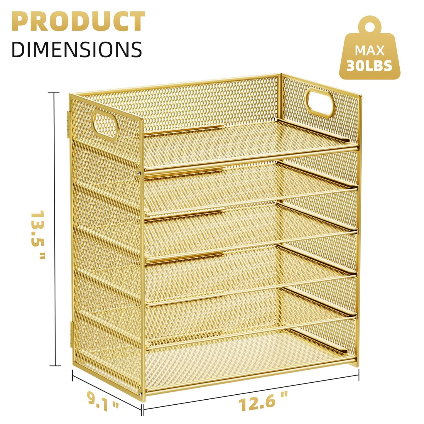 Marbrasse Paper Letter Tray Organizer - 6 Tier Mesh File Organizer with Handle, Paper Sorter Organizer for Letter/A4 Office File Folder Holder - Gold