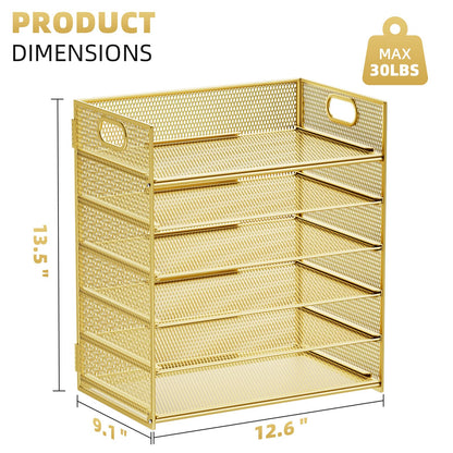 Marbrasse 2 Pack Desk Organizer with Handle, 6 Tier Paper Letter Tray, Mesh Desk File Organizer for Office, School and Home - Gold