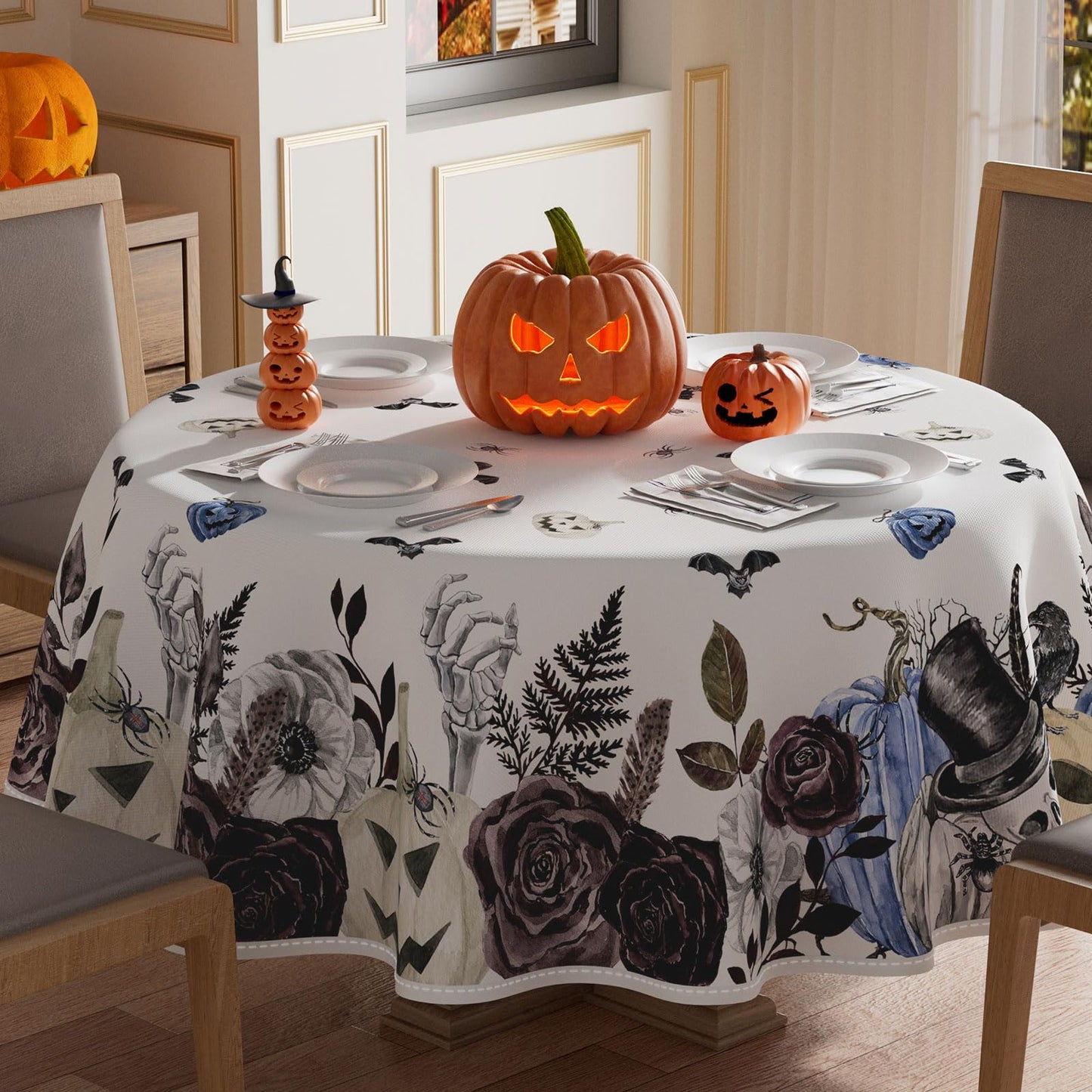 XCHI Skeleton Blue Flowers Spooky Halloween Tablecloth Round Washable Table Covers for Indoor Outdoor Dining Home Party Decorations Table Cloth 60x60 Inch