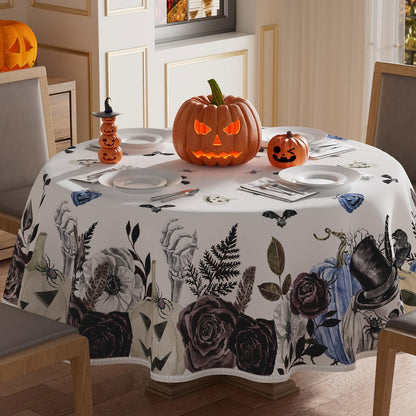 XCHI Skeleton Blue Flowers Spooky Halloween Tablecloth Round Washable Table Covers for Indoor Outdoor Dining Home Party Decorations Table Cloth 60x60 Inch