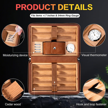 Leather Cedar Wood Case, Travel Box with Hygrometer, Capacity: 6pcs,Draw Enhancer Tool, Gifts for Men(Brown)