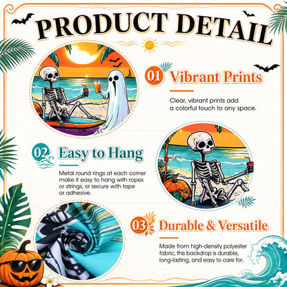 Gilprop Summer Halloween Decor 7x5ft Backdrop Banner for Halloween in Summer Party Decorations Supplies Photography Background Props Ghost Skeleton Pumpkin Beach Decorations