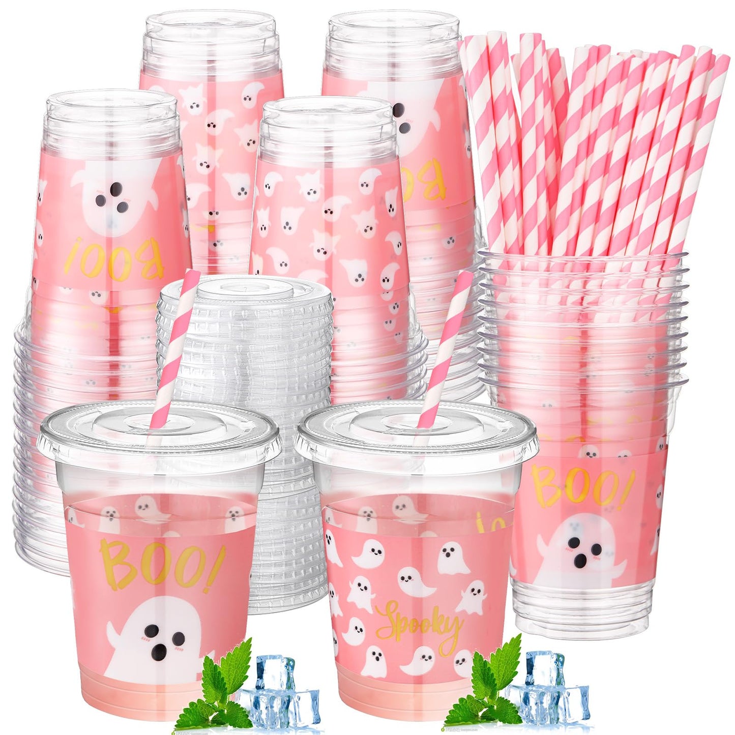 Jingmore 50 Pcs Halloween Ghost Party Disposable Plastic Cups 12 oz with Lids Straws Themed Party Supplies Plastic Tumbler for Birthday Table Decorations Favors(Pink)