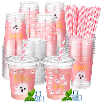 Jingmore 50 Pcs Halloween Ghost Party Disposable Plastic Cups 12 oz with Lids Straws Themed Party Supplies Plastic Tumbler for Birthday Table Decorations Favors(Pink)