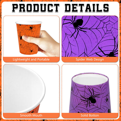 TREWAVE 48Pcs Halloween Paper Cups - 9oz Disposable Party Cups for Hot/Cold Drinks, Snacks - Spider Web Pattern Design in Orange, Purple, Black, Green - Festival Party Supplies