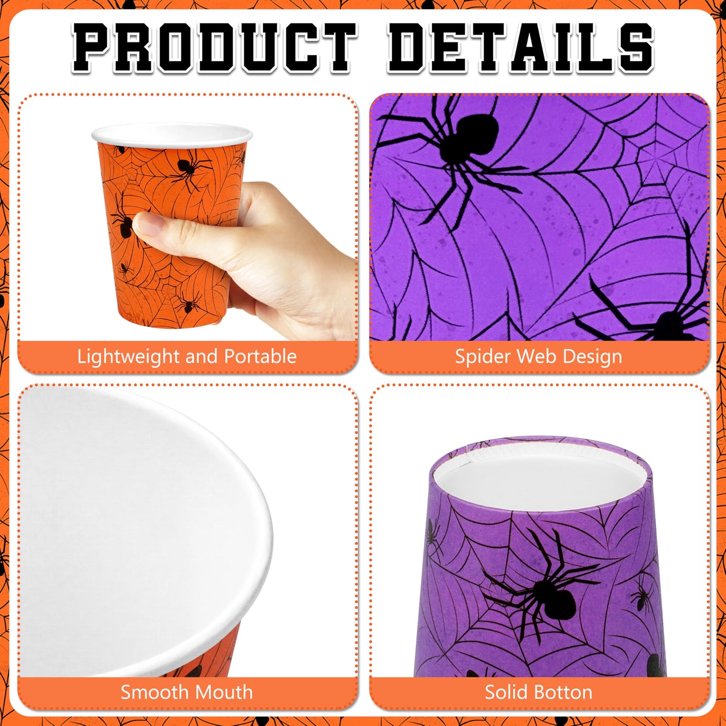 TREWAVE 48Pcs Halloween Paper Cups - 9oz Disposable Party Cups for Hot/Cold Drinks, Snacks - Spider Web Pattern Design in Orange, Purple, Black, Green - Festival Party Supplies