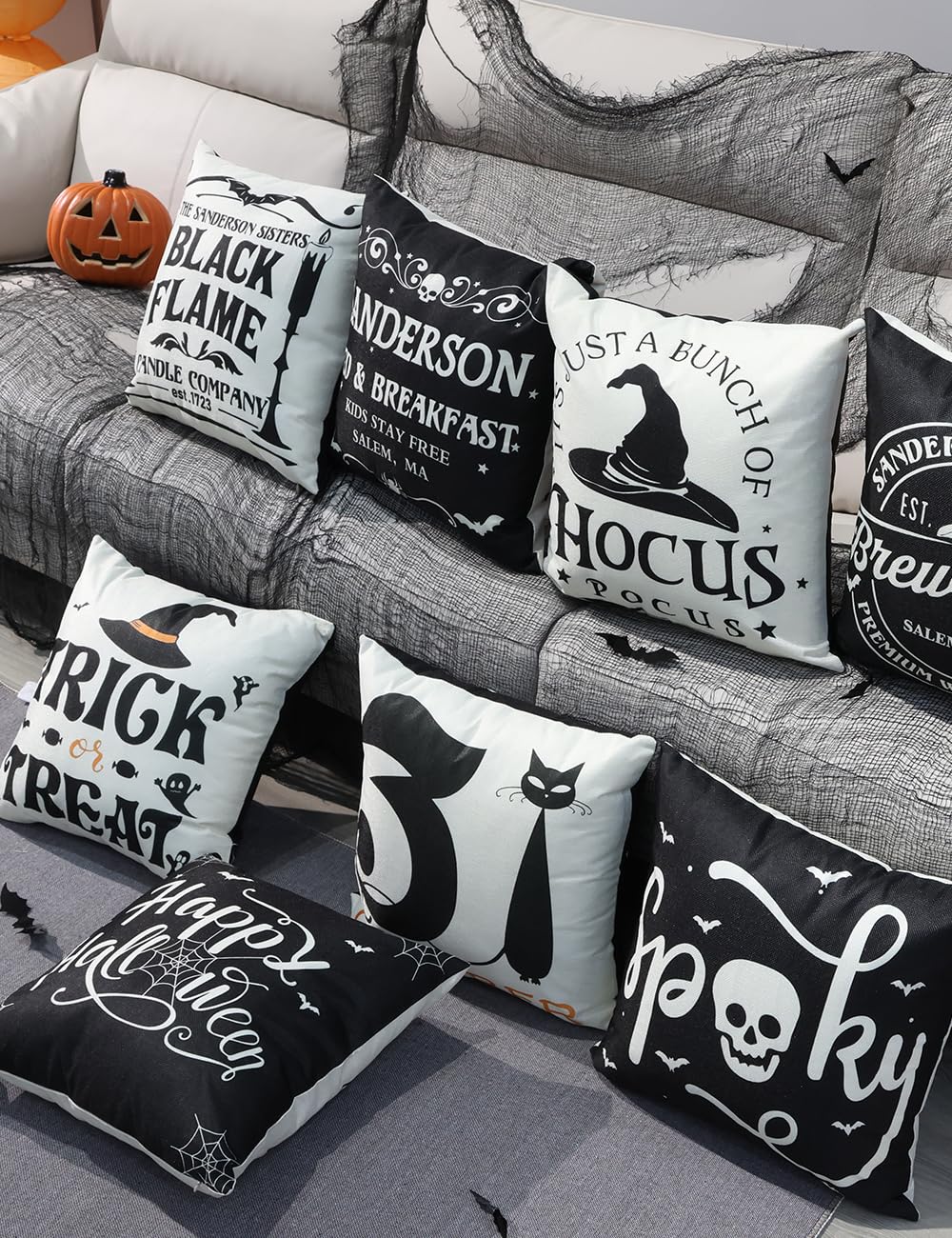 TOYPOPOR Halloween Decorations Pillow Covers Double-Side Printing 18x18 Set of 4 Indoor/Outdoor Hocus Pocus Farmhouse Decorative Cushion Cases Spider Web Cat Skull Home Decor
