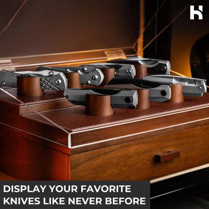 Premium Pocket Knife Display Case for 30 Knives - Large Wooden Knife Organizer, Storage & Holder with Unique Pillars, Hinged Cover, Drawer - Knife Collection Box - Handcrafted Father's Day Present