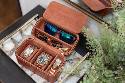 DIGICASE Watch and Jewelry Travel Case for Men & Women, Luxury PU Leather Organizer for 2 Watches, Rings, Earrings & Sunglasses - Black - Zippered Compact Travel Storage Jewelry Holder Gift (BROWN)