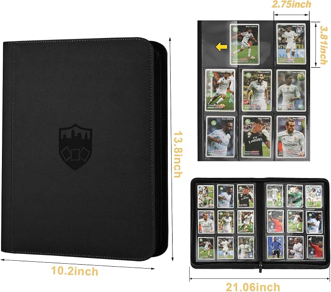 360 Cards Ringless 9-Pocket Side Loading Trading Card Binder, PU Zipper Fixed Page Card Album for TCG Sports Cards, Not Fit Top Loaders (Black)