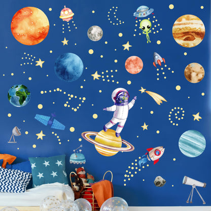 Watercolor Solar System Wall Decals, Glow in The Dark Stars, Kids Planets Sticker for Ceiling, Astronaut Wall Stickers for Bedroom, Blue