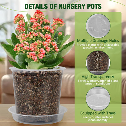 GUGEMEI 10/8/6/4 Inch Clear Nursery Pots with Drainage Holes and Saucers, 12 Pack Large Clear Pots for Plants Variety Pack, Plastic Nursery Pots for Succulents, Seedings, Herbs, Flowers, Vegetables