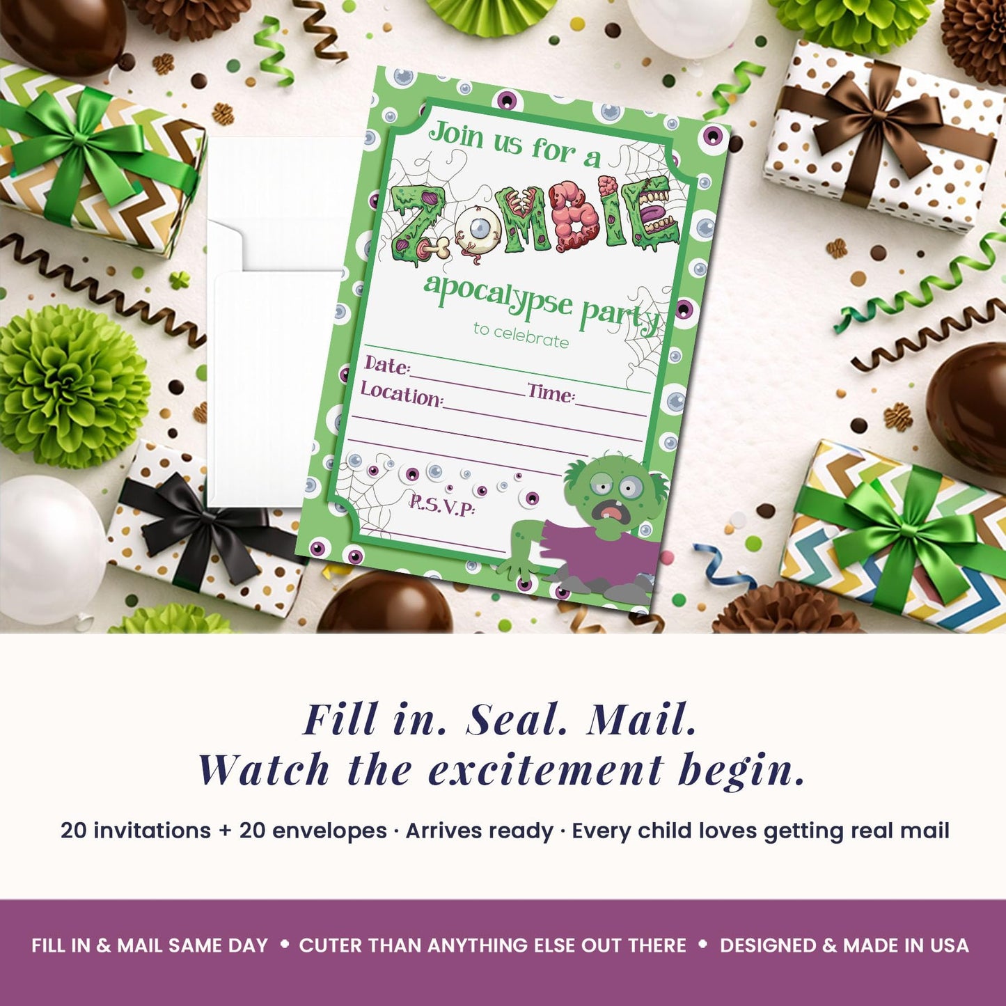Zombie Apocalypse Halloween Birthday Party Invitations, 20 5x7 Fill In Cards with Twenty White Envelopes by AmandaCreation