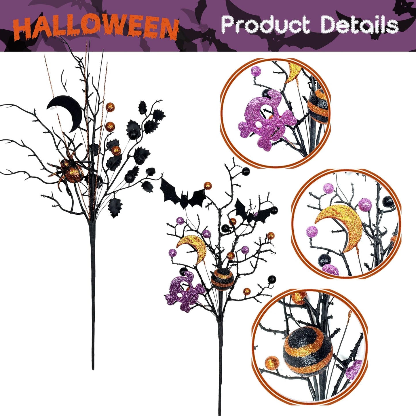 4PCS Halloween Tree Picks Decorative, Black Branches with Glittery Spider,4-Piece Set, Black Branches and Purple Spooky Branch Sprays, Indoor Halloween Decor for Table Centerpieces, Vase Bouquet