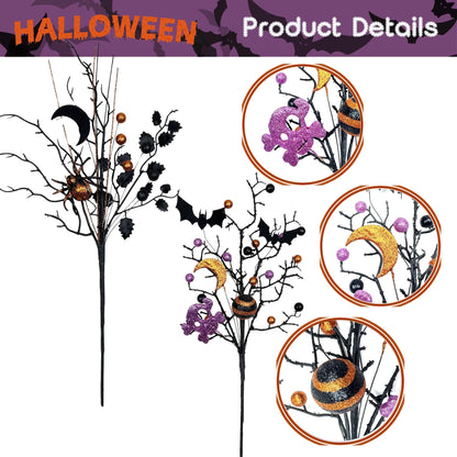 4PCS Halloween Tree Picks Decorative, Black Branches with Glittery Spider,4-Piece Set, Black Branches and Purple Spooky Branch Sprays, Indoor Halloween Decor for Table Centerpieces, Vase Bouquet