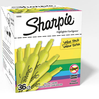 Sharpie Tank Highlighters, Chisel Tip, Yellow Highlighters, Essential Office & School Supplies, Teacher Must Haves, Quick-Drying, Smear-Resistant, Bulk 36-Pack