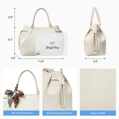 BOSTANTEN Silk Scarf Satchel bags Vegan Leather Purses for women Medium Work Tote bag with Removable Strap Off White