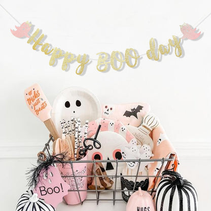 Happy Halloween Banner - Happy Boo Day Garland, Halloween Birthday Party, Halloween Party Decorations, Boo Birthday Banners, Gold Glitter Banner Sign Garland