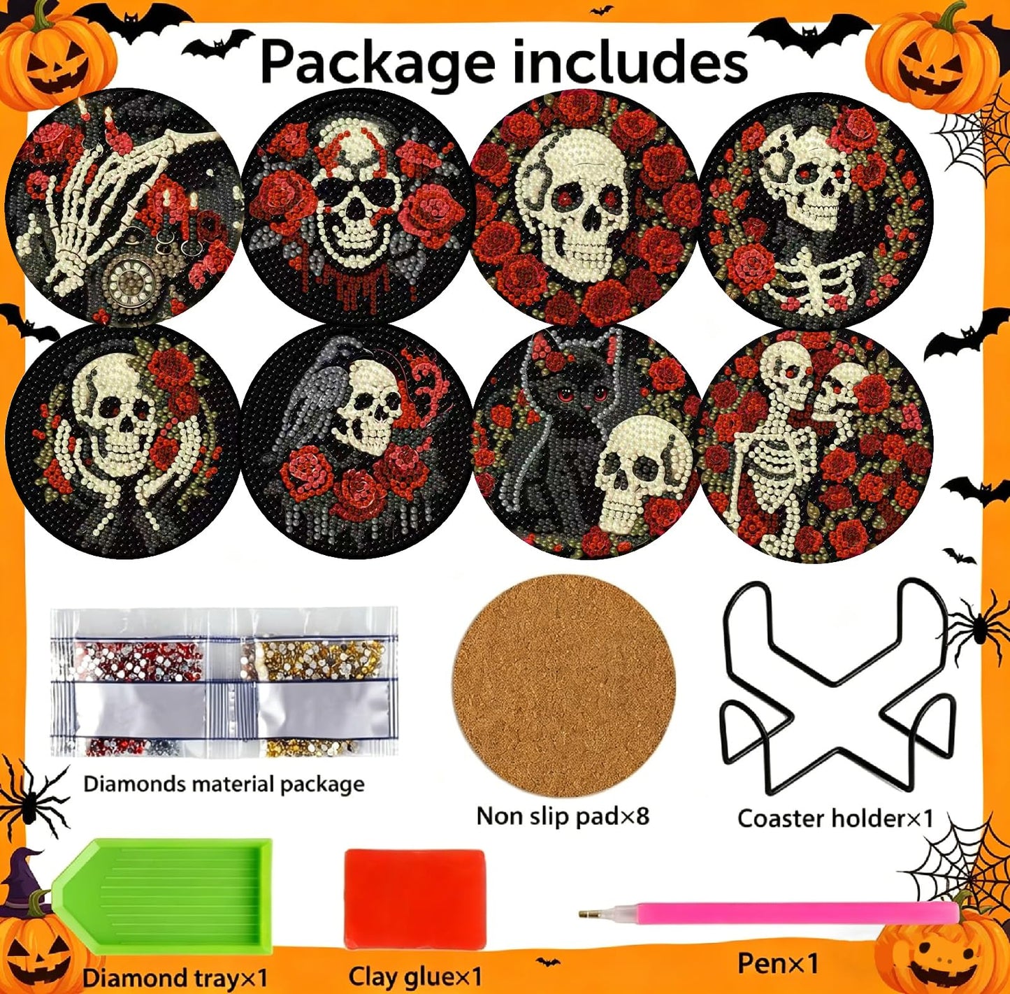 KYOQFVN 8 PCS Halloween Diamond Art Coasters Kits, DIY Halloween Diamond Painting Coasters with Holder, Full Drill Art Crafts Supplies for Cup Mat for Home Decor