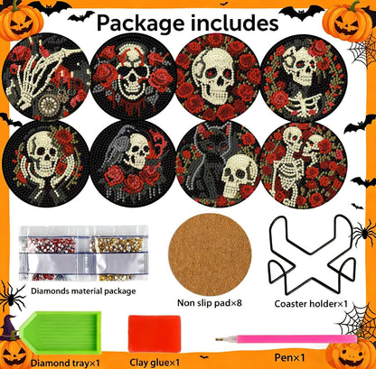 KYOQFVN 8 PCS Halloween Diamond Art Coasters Kits, DIY Halloween Diamond Painting Coasters with Holder, Full Drill Art Crafts Supplies for Cup Mat for Home Decor
