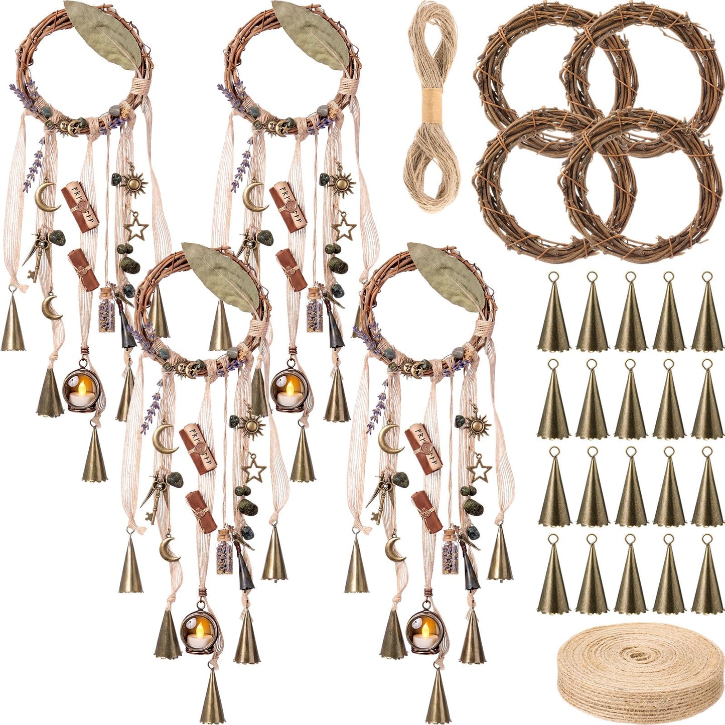 ElaraBerry 4 Sets Witch Bells DIY Kit Witchy Door Knob Hanging Decor Protection Witch Bells Craft for Door Window Garden