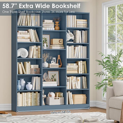 FACBOTALL Triple Wide Bookshelf, 6 Tier Large Bookshelf, Bookcase with 17 Open Display Shelves, 74'' Tall Bookcases and Bookshelves for Living Room, Home Office, Library, Blue