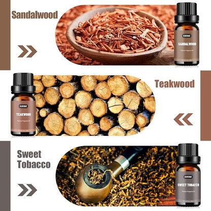 Essential Oils Set, Men Scents Fragrance Oil Essential Oils for Diffuser - Sandalwood, Teakwood, Sweet Tobacco, Cinnamon & Pine Needle, Woody Vetiver, Cologne Aromatherapy Oils for Men, 6x10ml