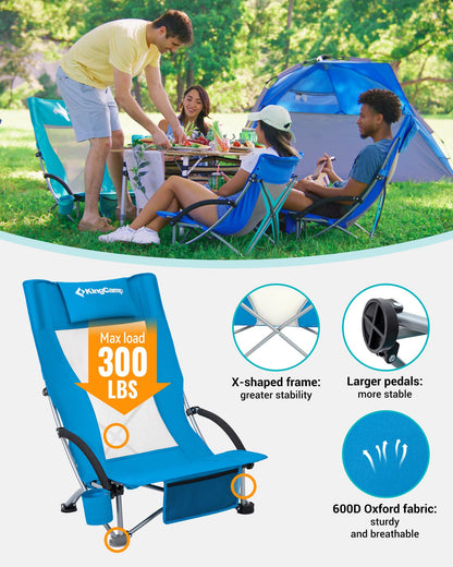 KingCamp High Back Beach Chairs for Adults, Folding Beach Chair with Cup Holder Carry Bag and Mesh Back, Blue Camping Chair for Travel Lawn Outdoor Festival